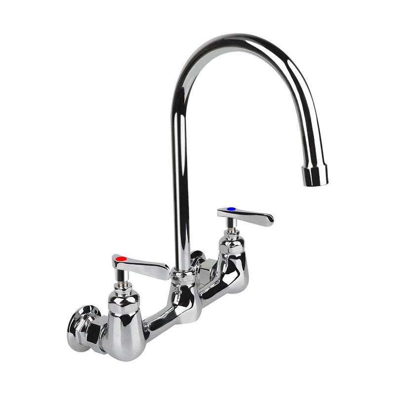 KWODE Wall Mount Faucet 8 Inch Center Commercial Kitchen Sink Faucet with 6" Gooseneck Swivel Spout 2 Handles Control Brass Contructed Chrome Finish - Image 1